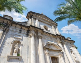 Palm trees near Ancient church in Prcanj, Montenegro, Europe