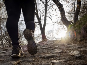 Walking scene on a mountain trail at sunset