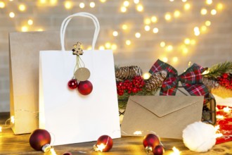 Christmas decor of food delivery service disposable kraft paper package. Ready-made order,