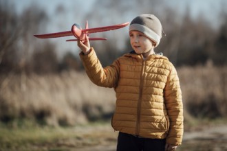 Young boy plays with toy plane