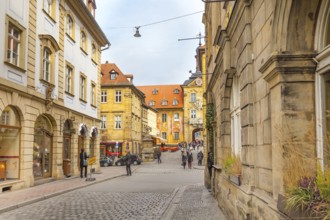 Bamberg, Germany, February 19, 2017: Bamberg city center street view and people, Europe