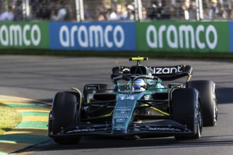 MELBOURNE, AUSTRALIA, APRIL 2: Fernando Alonso of Spain drives the Aston Martin AMR23 Mercedes .on