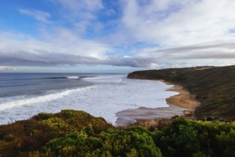 TORQUAY, AUSTRALIA, MAY 28 2023: The iconic Bells Beach with huge swell at near Torquay, Victoria,