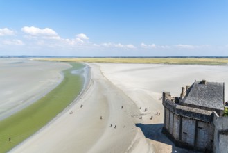 Mont Saint Michel, France, July 25, 2018: View of the bay of Mont Saint Michel from the ramparts at