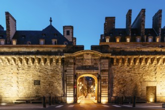 Gate in the Walls of Saint Malo at night, Brittany, France, Europe