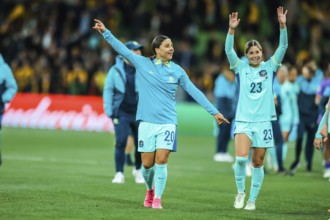 MELBOURNE, AUSTRALIA, JULY 31: Sam KERR of Australia celebrates beating Canada at the FIFA Women's