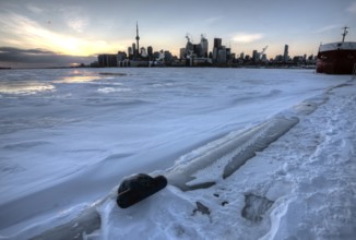 Toronto Ontario from Polson Pier in Winter at sunset
