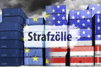 Stacked containers with European and US flags and the words punitive tariffs, symbolic photo trade
