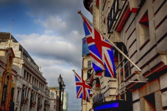 Union Jack flags on a building in London, England 2015