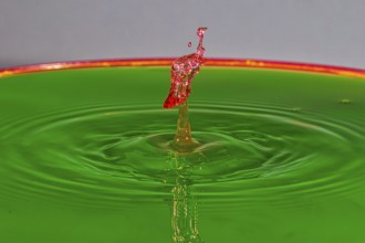 A red water drop rises dynamically on a green background, water drop, collision, high-speed
