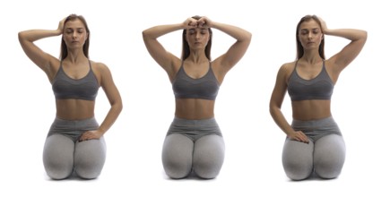 Collage. Girl practicing yoga in a studio on a white background. Isolate