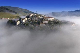 Aerial photographic documentation of the town of Castelluccio di Norcia Italy devastated by the