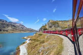 Red train of Bernina in the Swiss alps