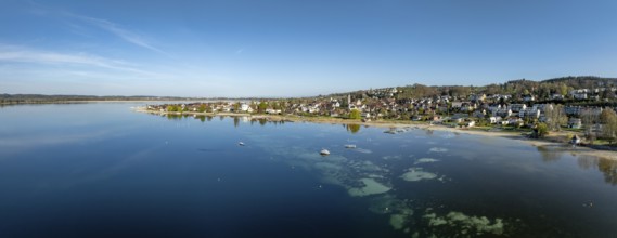 Drone shot, shore panorama, Ermatingen on Lake Constance, Thurgau, Switzerland, Europe