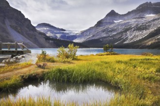 Overgrown a yellow grass shallow lake in rocky mountains