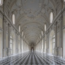 Magnificent Baroque interior with long corridors and high ceilings, Palace of Venaria Reale,