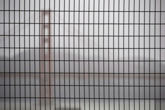 The Golden Gate Bridge blurred behind a fence in hazy rainy weather