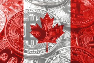 Canada bitcoin flag, national flag cryptocurrency concept black background