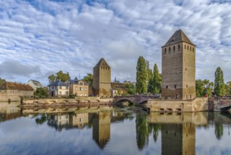 View of medieval bridge Ponts Couverts from the Barrage Vauban in Strasbourg, France, Europe