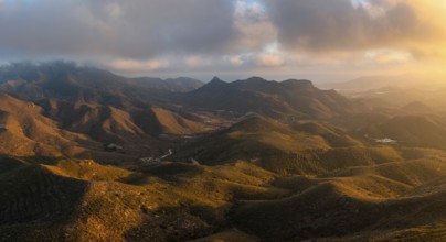 Drone landscape of semi-desert mountain landscape in southern Spain at sunset