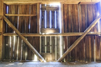 The interior of an old barn with sunlight streaming in through the boards