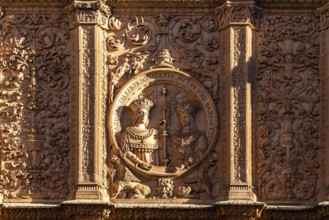 Beautiful view of detail of decoration of famous facade of University of Salamanca, the oldest