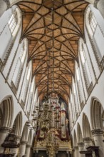 Haarlem, Netherlands, August 3, 2016: Low angle view of the interior of the Cathedral of Haarlem.