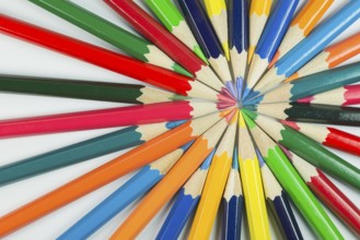 Abstract composition of complementary cirkel with color pencils against a white background
