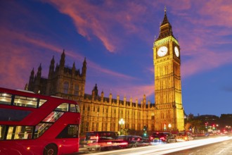 Big Ben Clock Tower with London Bus sunset in England