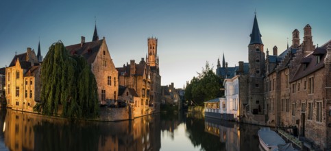 The canal during sunset at the Rozenhoedkaai, Bruges, Belgium, July 2017, Europe