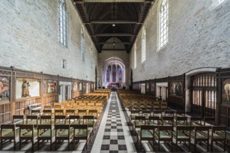 Belgium, 02 20 2019: Classic symmetrical interior design of the La Cambre Abbey, Europe