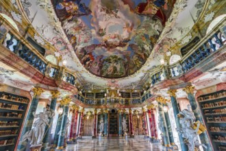 WIBLINGEN, BAVARIA, GERMANY, JUNE 08, 2022 : Rococo and baroque decors of the library in Wiblingen