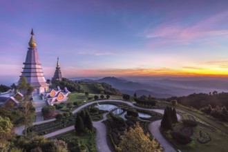 Two famous pagoda at colorful pink sunset. Doi Inthanon national park, Thailand, Asia