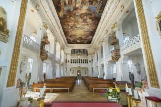 The organ loft with ceiling fresco of the Roman Catholic Church of St Verena, Bad Wurzach, Allgäu,