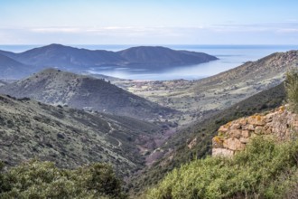 The view towards Ajaccio and the Mediterranean coast from the Col di San-Bastiano, Corsica, France,