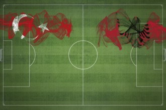 Turkey vs Albania Soccer Match, national colors, national flags, soccer field, football game,