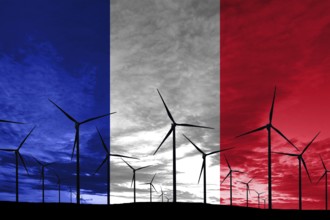 France flag wind farm at sunset, sustainable development, renewable energy Wind Turbines