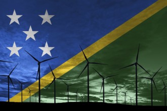 Solomon Islands flag wind farm at sunset, sustainable development, renewable energy Wind Turbines