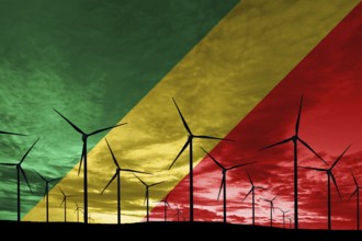 Republic of the Congo flag wind farm at sunset, sustainable development, renewable energy Wind