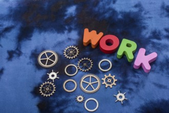 Work wording and wooden cogwheels as industry mechanism concept