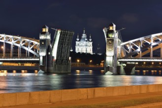 Smolniy cathedral and movable bridge in St-Petersburg, Russia. White Night view