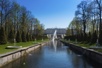 The Grand Palace And Grand Cascade In Peterhof, Saint Petersburg, Russia, Europe
