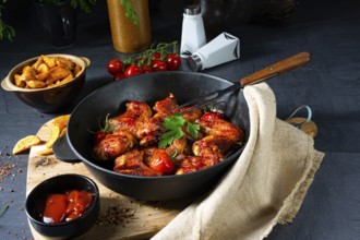 Savoury chicken wings in honey with potato wedges