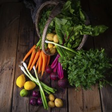 Basket with various vegetables: beetroot and carrots