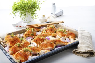 Prepared chicken legs with various vegetables and herbs