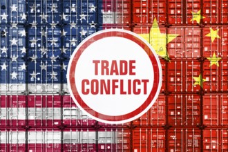 Customs sign with the inscription Trade Conflict in front of stacked containers in us and Chinese