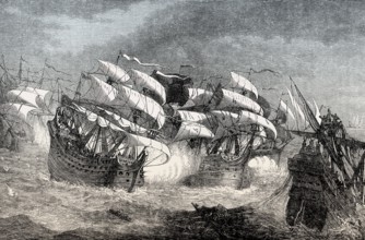 Sir Francis Drake attacking the Spanish Armada, 1588, From British Battles on Land and Sea, by