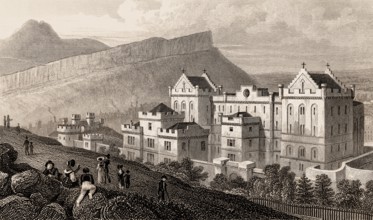 The new Bridewell, Salisbury Crags, and Arthur's Seat from Calton Hill, Edinburgh, Scotland, 19th