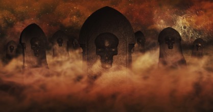 Cemetery At Night With Tombstones With Skulls And Burning Sky Full Of Clouds and Stars in The