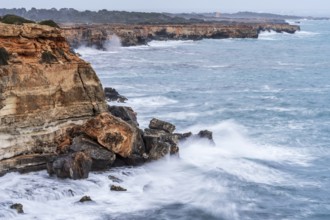 Rough waves on the coast of Cala Pi and S Estalella, Llucmajor, Majorca, Balearic Islands, Spain,